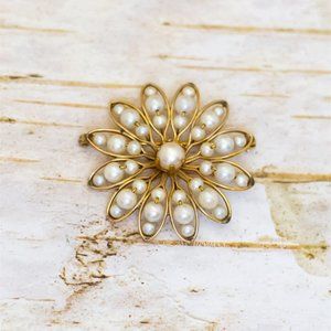 Vintage White Faux Pearls Abstract Flower Gold Filled Brooch by HG - B14